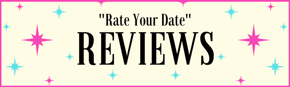 Banner that says, "rate your date reviews." Yellow, pink, and teal stars adorn a googie style design