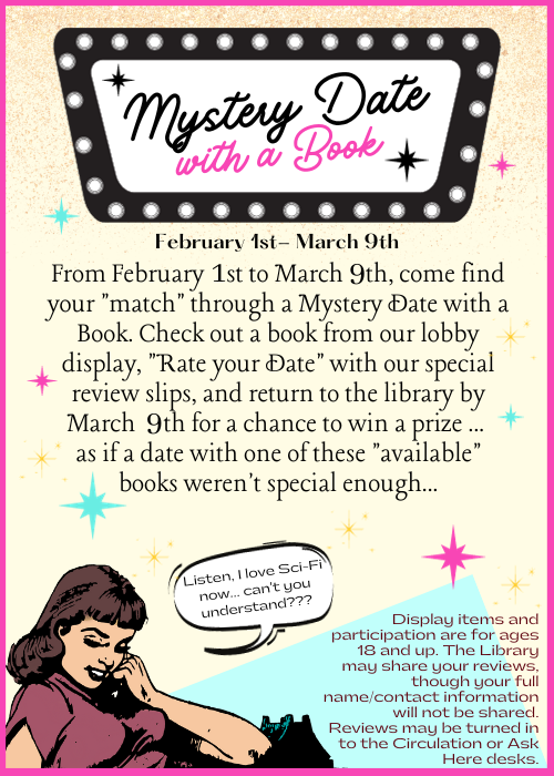 Flyer with information about Mystery Date with a Book. Text is repeated below image. Yellow, pink, and teal stars adorn a googie style design