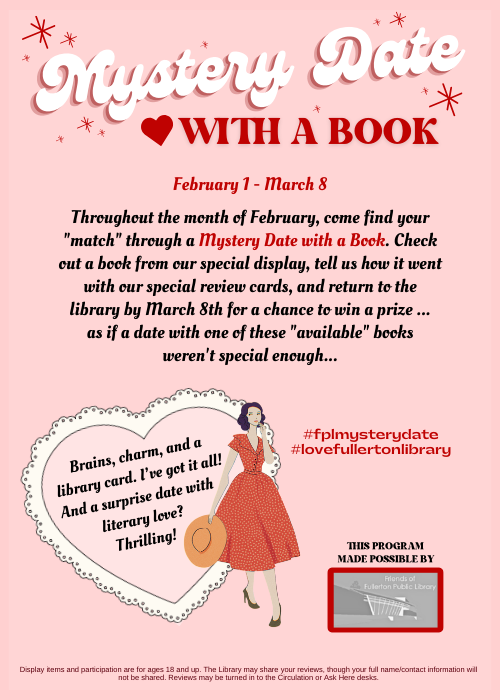 Flyer with information about Mystery Date with a Book. Text is repeated below image. Yellow, pink, and teal stars adorn a googie style design