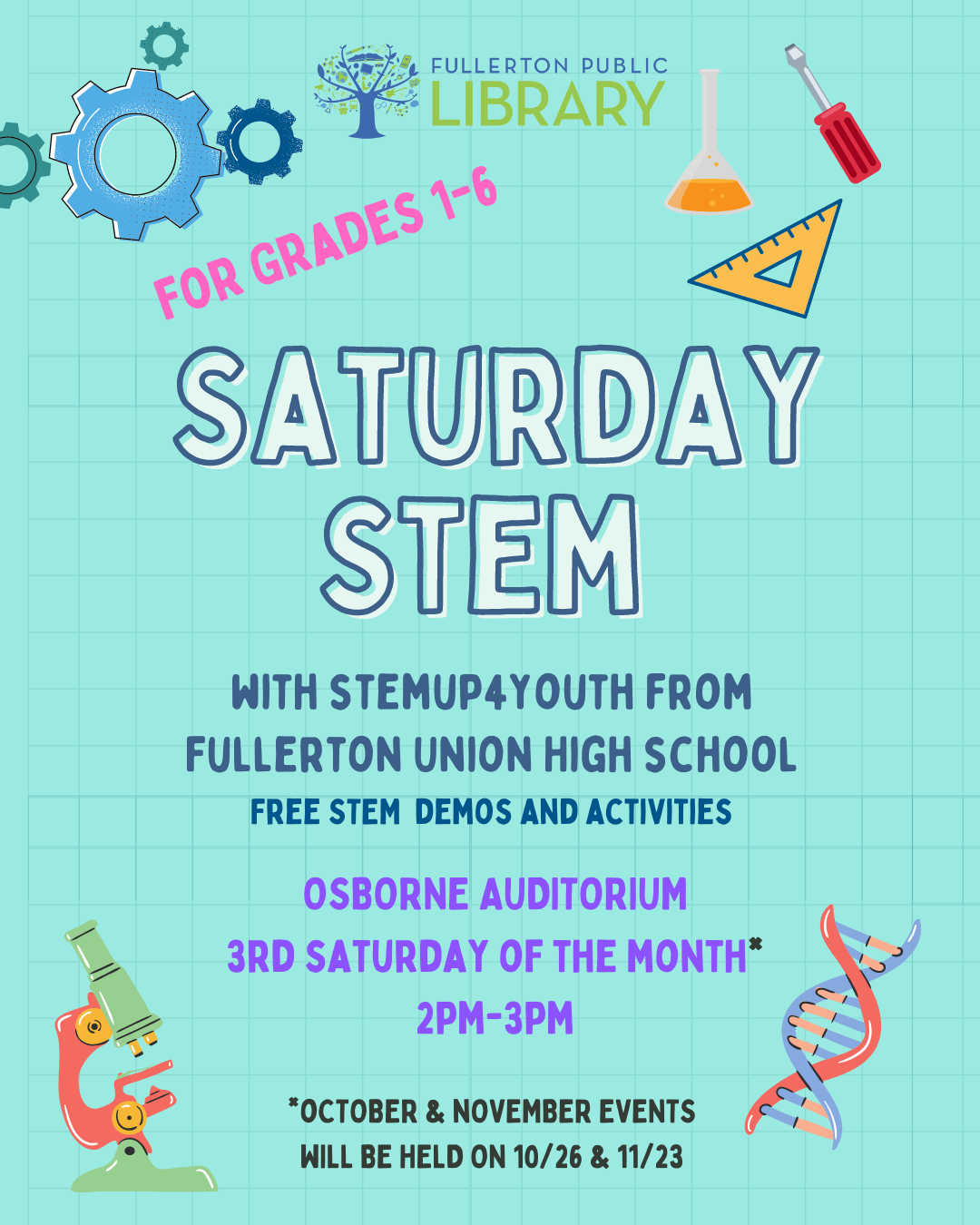 Children's Saturday STEM at Main Branch, 2pm to 3pm in Osborne every third Saturday of the Month except October will be 10/26 and November will be 11/23