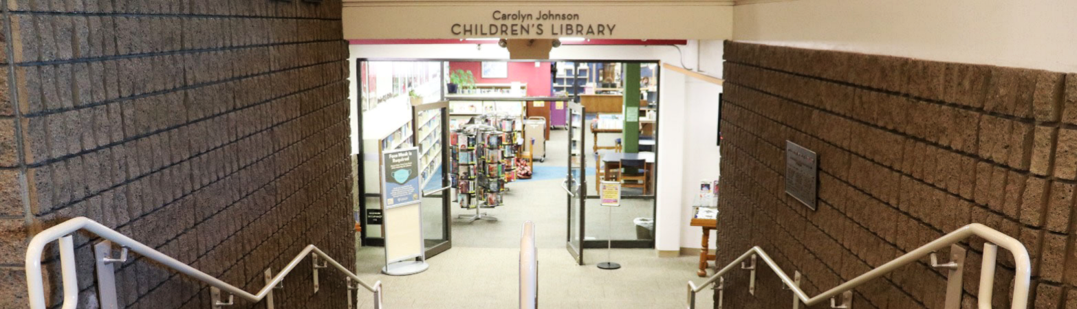 Looking down the stairs towards the entrance to the children's library