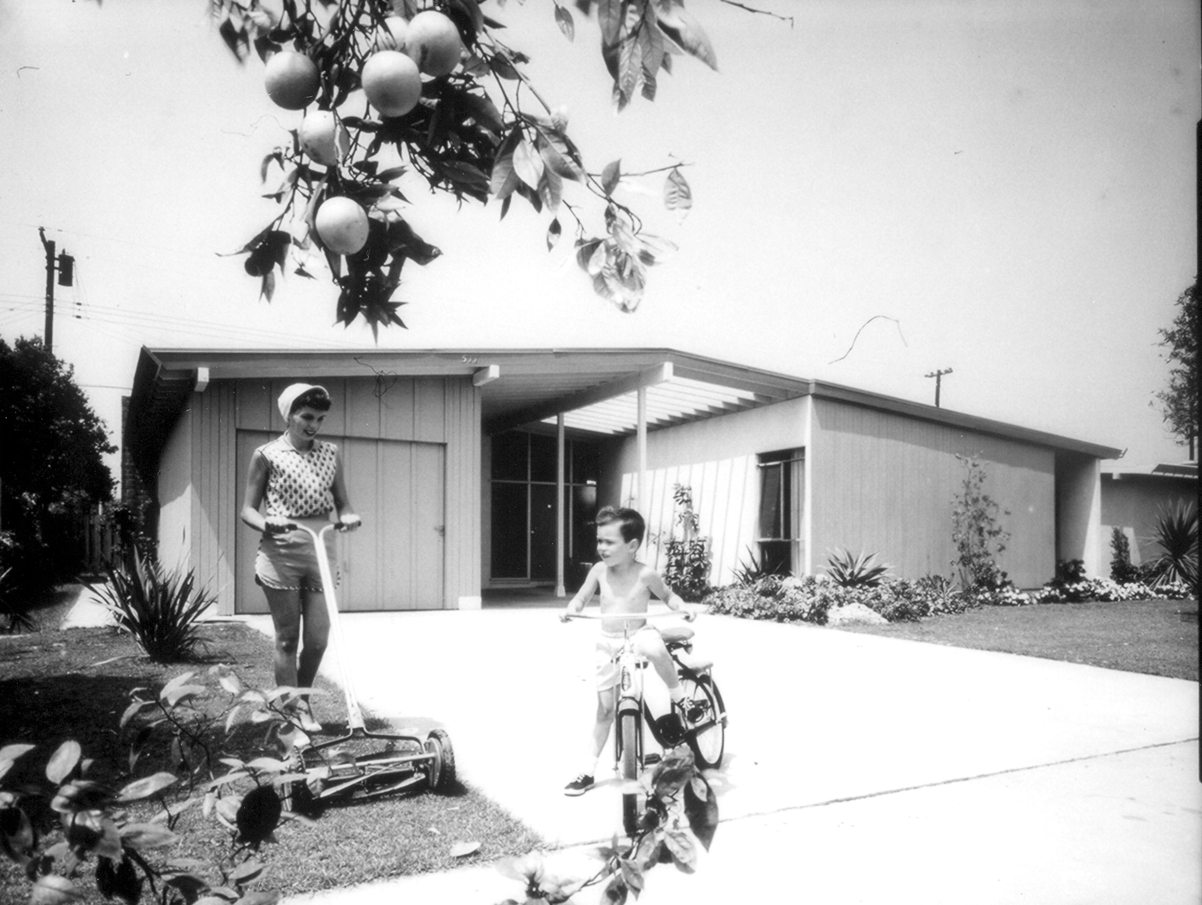 Woman in summer attire stands with a push mower in front of a mid-century modern Fullerton home,, while a young boy rides a bicycle. An orange tree hangs in the foreground.