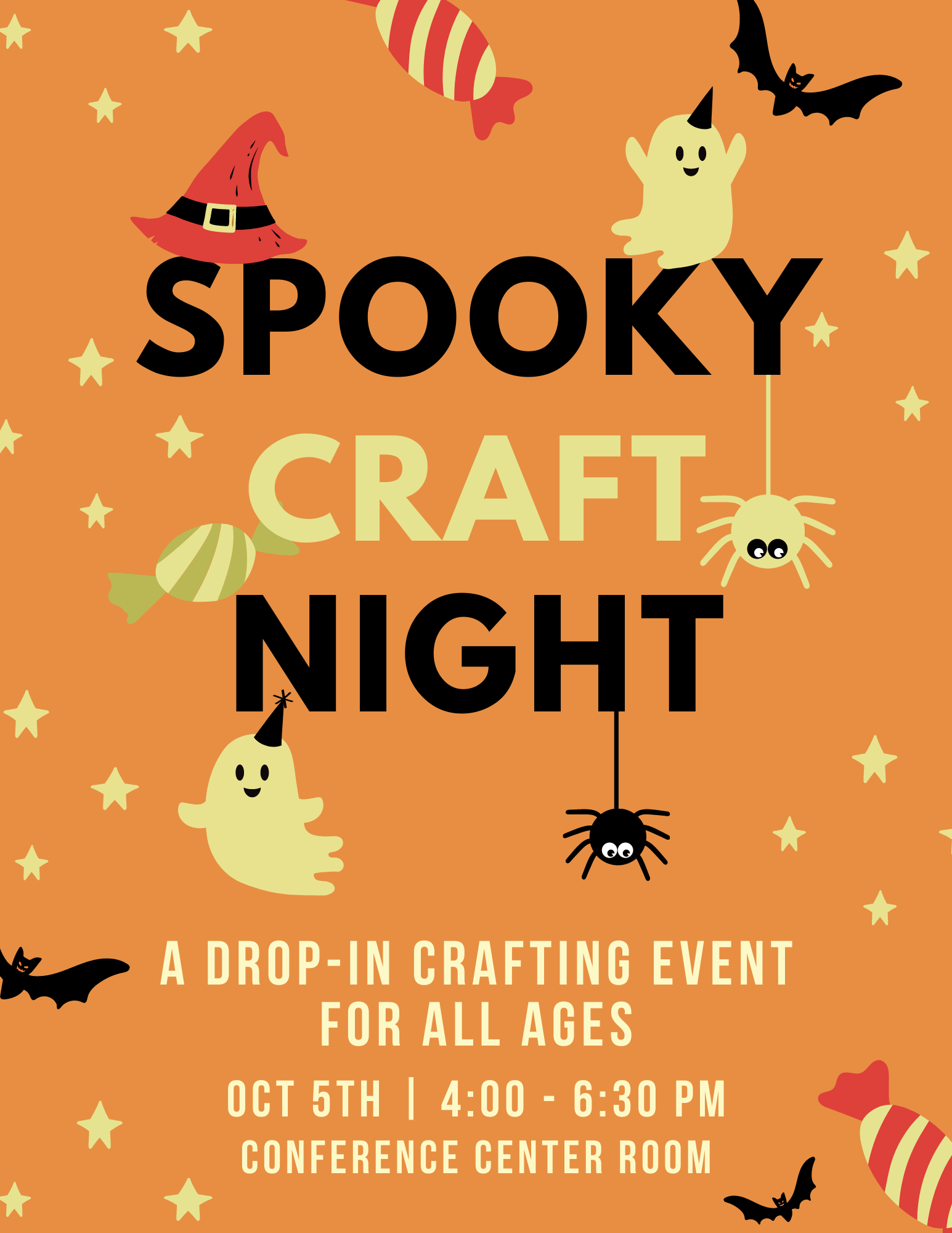 Spooky Craft Night A drop-in crafting event for all ages October 5 4:00-6:30PM in the Conference Center Room