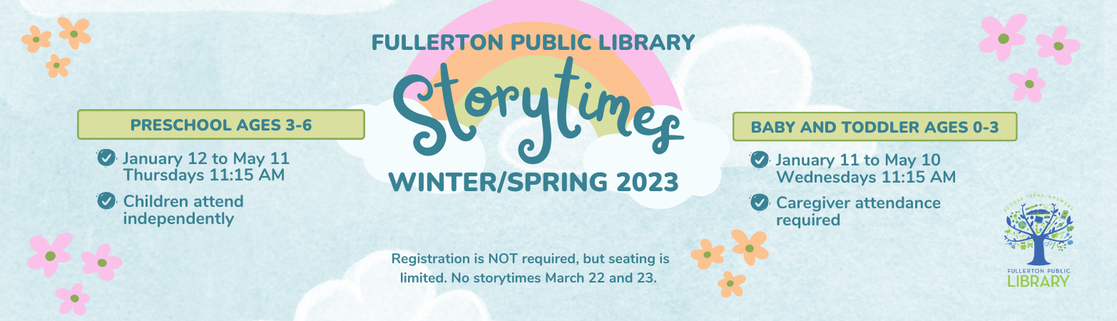 Winter/Spring Storytime 1/11-5/10 Baby/Toddler Wednesday 11:15, Preschool Thursday 11:15