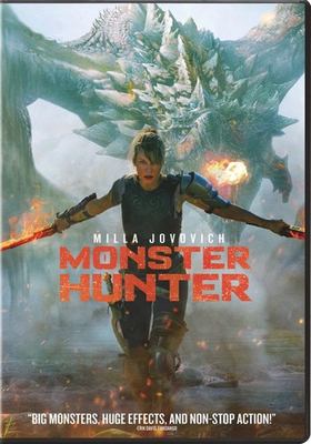 Monster-Hunter-DVD-Milla-Jovovich-holding-a-flaming-sword-in-each-hand,-in-front-of-a-dragon-getting-ready-to-breathe-fire.-