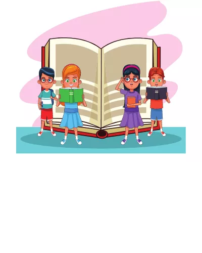 Four kids holding books standing in front of a large open book