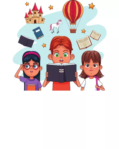 three kids, the central one holding an open book, surrounded by images of books, a unicorn, castle, stars, and a hot air balloon