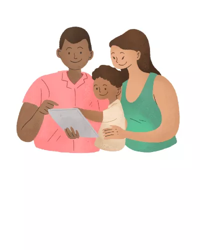 A mother and father holding a small child looking at a tablet