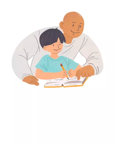A boy writing in a notebook as his father looks on and helps