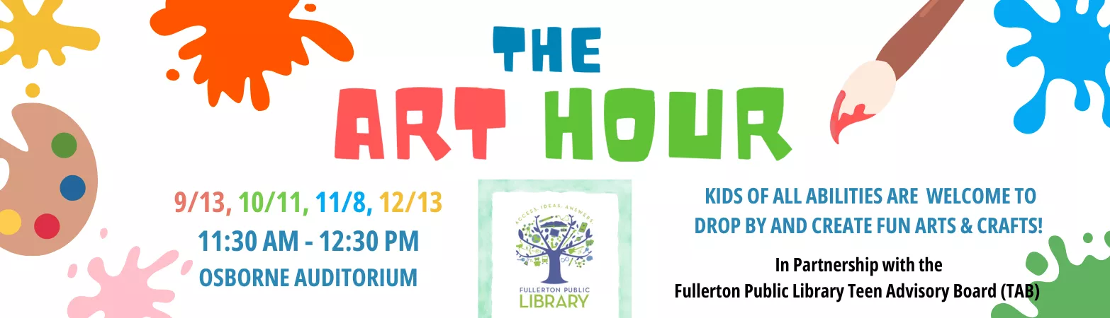 Kids of all abilities are welcome to the Main Library's Art Hour on 9/13, 10/11, 11/8, and 12/13 from 11:30am to 12:30pm in the Osborne Auditorium
