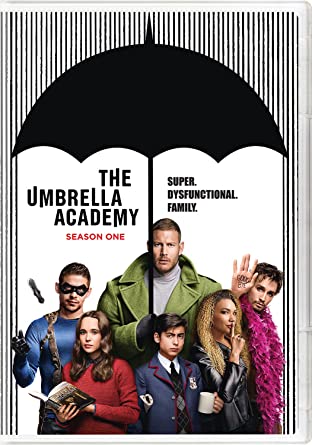 Umbrella-Academy-Season-1-DVD-Five-adults-and-one-teenager-standing-under-a-large-umbrella.--