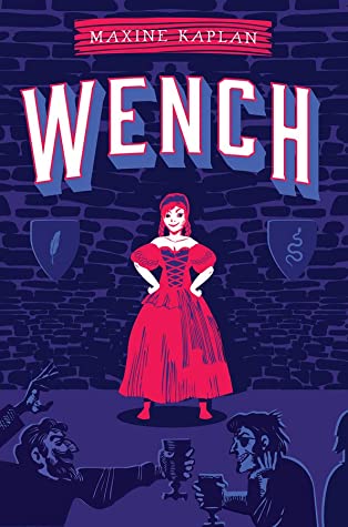 Wench-by-Maxine-Kaplan.-A-teenager-in-a-red-dress-standing-in-front-of-blue-wall-with-shields,-and-two-men-in-front-of-her-with-chalices.-